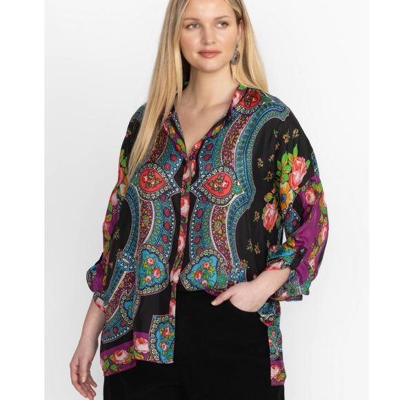 Johnny Was Tops - Johnny Was Womens Shirt Large Seline Floral Paisley‎ 100% Silk Button Up Blouse